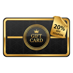 Elegant gift card gold border luxury design transparency background crown icon round frame discount label 20 percent off coupon voucher