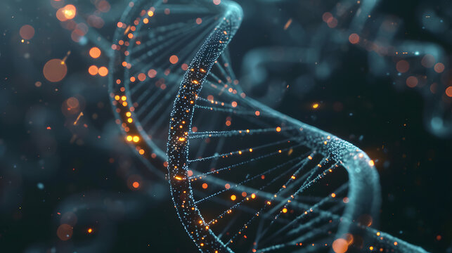 Abstract representation of a glowing blue DNA helix with orange bokeh lights.