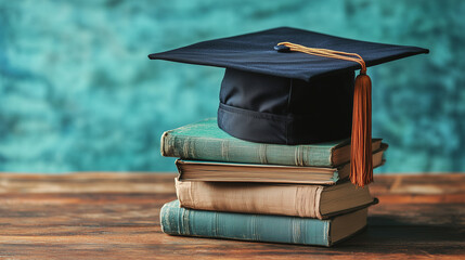 Achievement in Education Concept Graduation Cap on Books Representing Success Knowledge and Academic Goals 