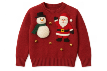 Red knitted ugly christmas sweater featuring santa claus, snowman, and jingle bells, celebrating holiday season with cheer