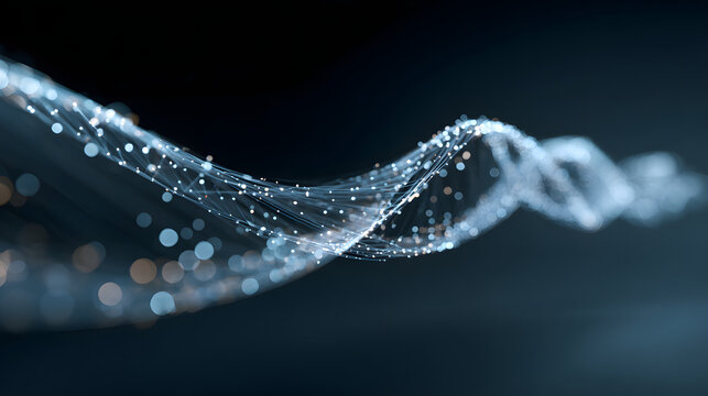 Abstract glowing network of lights forms a DNA-like helix.