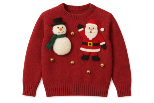 Red knitted ugly christmas sweater featuring santa claus, snowman, and jingle bells, celebrating holiday season with cheer