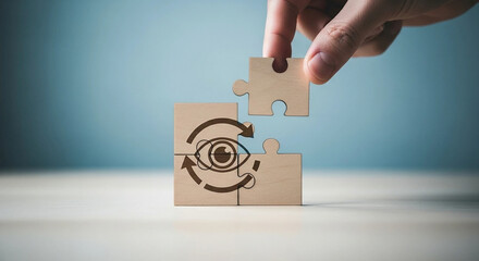 Hand placing final puzzle piece to complete target vision goal