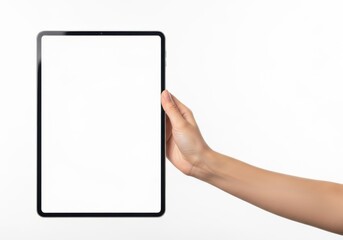 Female hand holding a modern tablet with a blank white screen, perfect for your mockup or design
