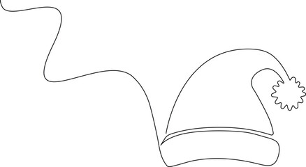 Continuous one line art drawing of  Christmas Santa Claus hat, minimalist continuous line illustration, single line festive winter hat vector, modern Santa cap, outline isolated on white background