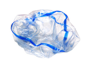 Crumpled plastic bag with blue trim isolated on transparent background