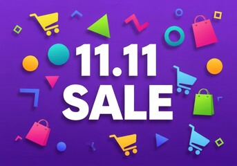 Global Shopping Festival promotional banner with colorful shopping carts and abstract geometric shapes on a vibrant purple background