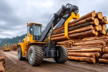 Heavy log loader moving timber logs in sawmill