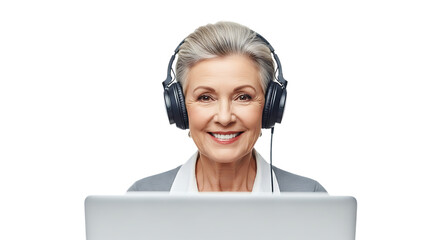 Smiling senior woman with headphones isolated on transparent background