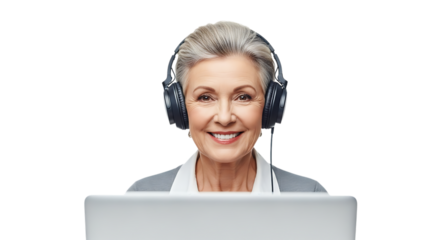 Smiling senior woman with headphones isolated on transparent background