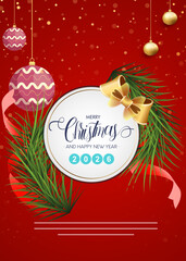 Merry christmas and happy new year 2026 celebration greeting card design with festive decorations and red background. 2026 happy new year card cover template.
