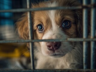 puppy in a dog shelter cage