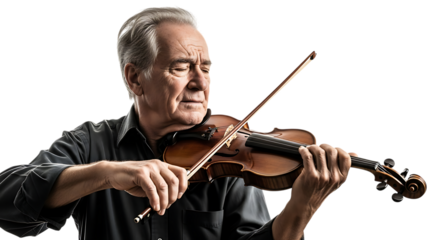 Senior man playing the violin isolated on transparent background with concentration