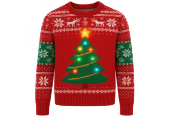Red light-up christmas sweater with festive tree and reindeer design, holiday season apparel celebrating winter