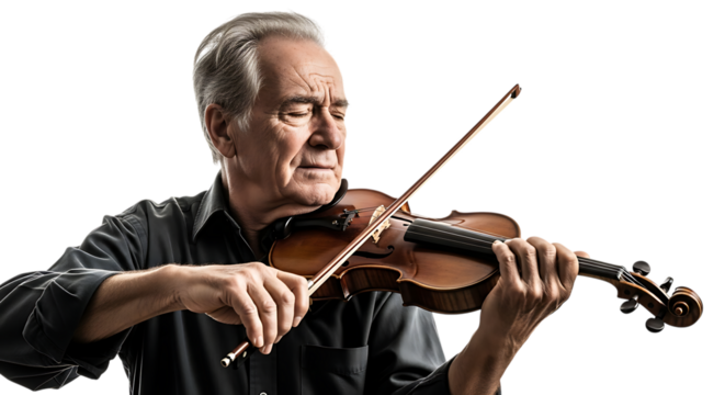 Senior man playing the violin isolated on transparent background with concentration