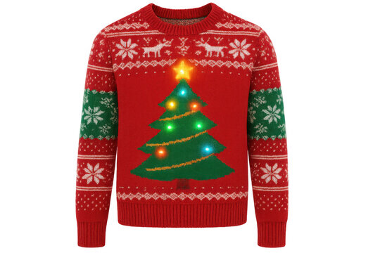 Red light-up christmas sweater with festive tree and reindeer design, holiday season apparel celebrating winter