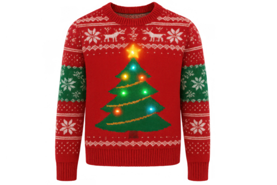 Red light-up christmas sweater with festive tree and reindeer design, holiday season apparel celebrating winter