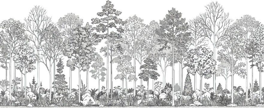 Vector CAD Set of Tree Elevation Drawing, Outline of Trees and Grass in Clean Architecture Line Style for Landscape, Urban, and Garden Design Plans