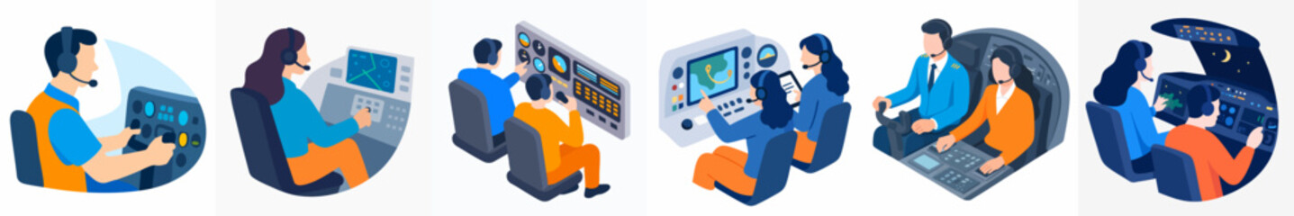 Isometric Style Diverse Aviation Professionals and Crew Working Icons Set © logo