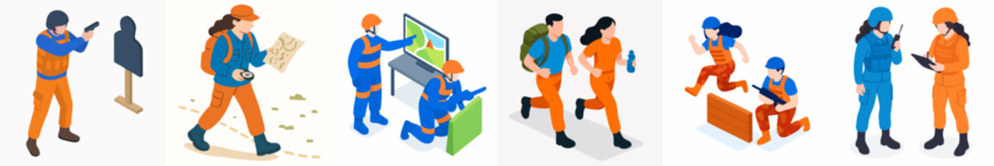 Isometric Illustrated Various Emergency Service Worker Occupation Scene Activity Icon Set