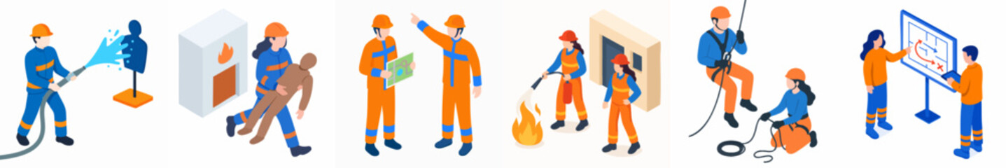 Isometric Various Firefighter Activity and Occupation Detailed Illustration Design Element