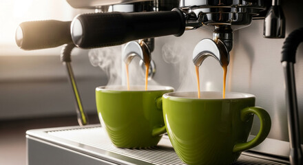 Close-up of espresso machine pouring coffee into two green cups, creating steam, symbolizing morning ritual, energy boost, and shared moments