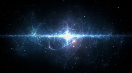 Bright blue star with a white center is surrounded by a blue and white galaxy. The galaxy is filled with stars