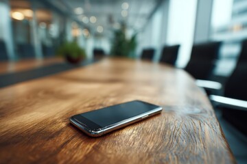 Smartphone on Wooden Conference Table in Modern Office Environment with Empty Chairs in Background for Business and Technology Themes