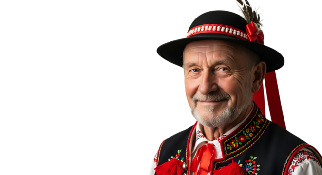 Portrait of a smiling senior man in traditional polish folk costume isolated on transparent background