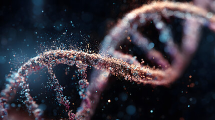 Abstract representation of a shimmering, textured DNA molecule in motion.
