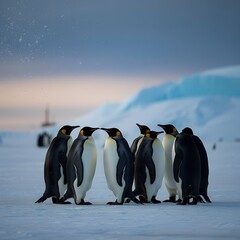 Obraz premium Group of emperor penguins standing together on ice in Antarctica 