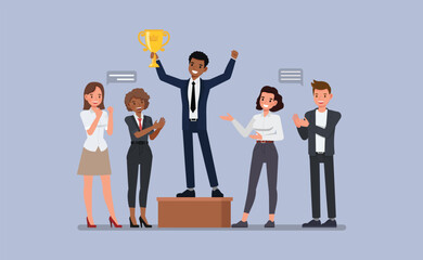 Business Success and Award concept. Businessman holding trophy on podium, team clapping and celebrating flat character vector illustration design.