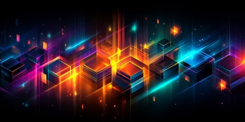 Colorful image of squares and rectangles with a bright orange and blue background