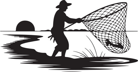 Silhouette of a fisherman casting a net into a river at sunset