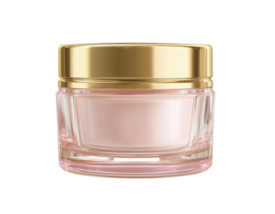 gel cream jar with a gold lid, transparent plastic texture, light pink and beige color scheme, white background,