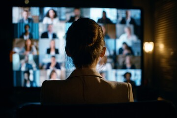 Professional woman participating in virtual meeting on large monitor with diverse group of people visible in video conference setting