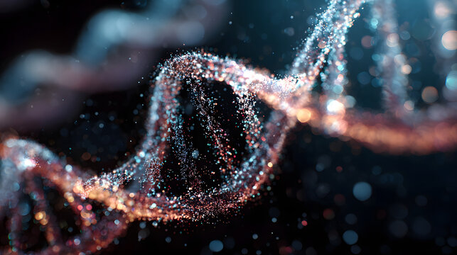 Glowing particles form a DNA strand against a dark background.