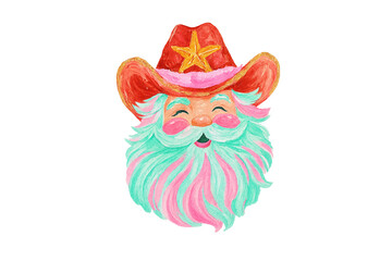 Christmas Brushstroke watercolor illustration of Santa Claus wearing a cowboy hat with Pink and Teal Beard Illustration Sublimation Design