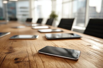 Smartphone on Wooden Conference Table in Modern Office Environment with Empty Chairs in Background for Business and Technology Themes