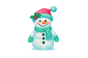 Christmas watercolor Brushstroke Cute Snowman in Pastel Colored Hat and Scarf Gouache Illustration Sublimation Design