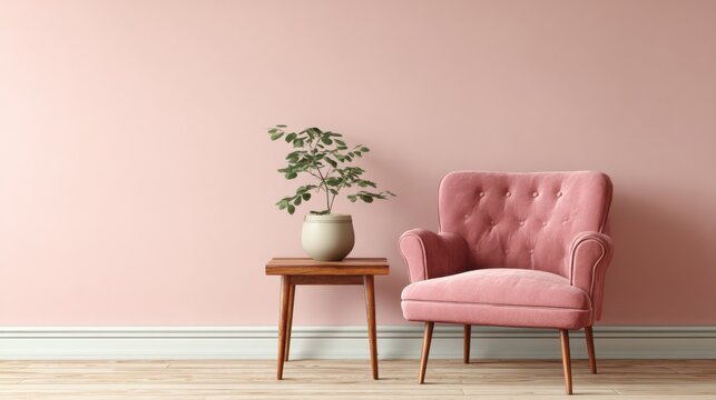 pink armchair and wooden table on empty wall in simple living room interior no logos no brands ar 169