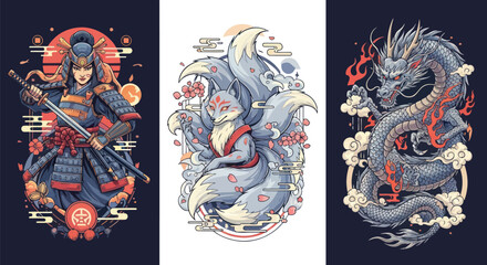 Stunning samurai warrior, enchanting kitsune fox, and dynamic dragon illustrations for fantasy artwork projects © Husmath