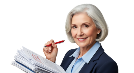Mature woman in business attire holding papers isolated on transparent background