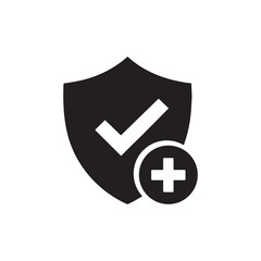 Security Shield Icon with Check Mark and Plus Sign for Safety and Protection Concept