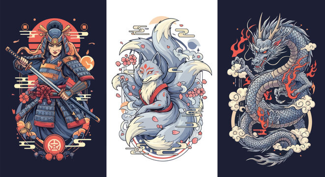 Stunning samurai warrior, enchanting kitsune fox, and dynamic dragon illustrations for fantasy artwork projects