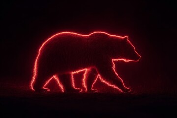Majestic Bear Silhouette in Neon Red Glow Captured Against a Dark Background, Perfect for Wildlife and Nature Themes