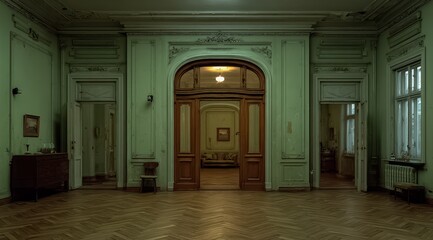 Large room with a green wall and a wooden door. The room is empty and has a very old and antique feel to it