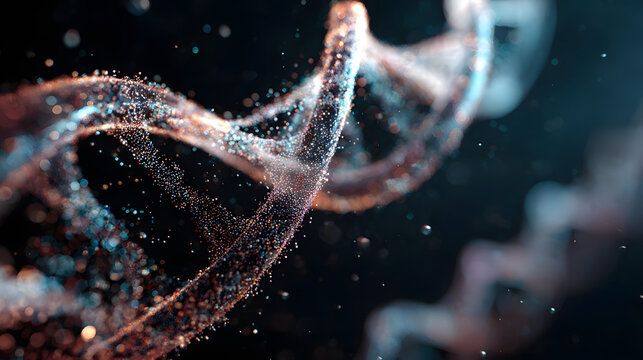 Luminous particle DNA helix glows against a dark background with bokeh.