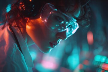 Futuristic female scientist with neon lighting in lab conducting research with high-tech equipment and protective gear in a sci-fi environment