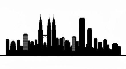 Fototapeta premium Silhouette of a city skyline with various buildings and skyscrapers against a white background view afar created with generative ai